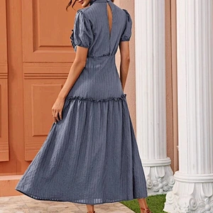 2021 New Arrival Puff Sleeve Stand Collar A-line Dress Laidies Dress Office Summer Dress