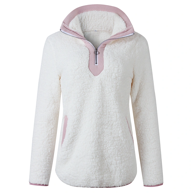 Ladies Fashion Turtleneck Sweatshirt Quarter Zipper Pocket Sherpa Hoodie Fleece Pullover