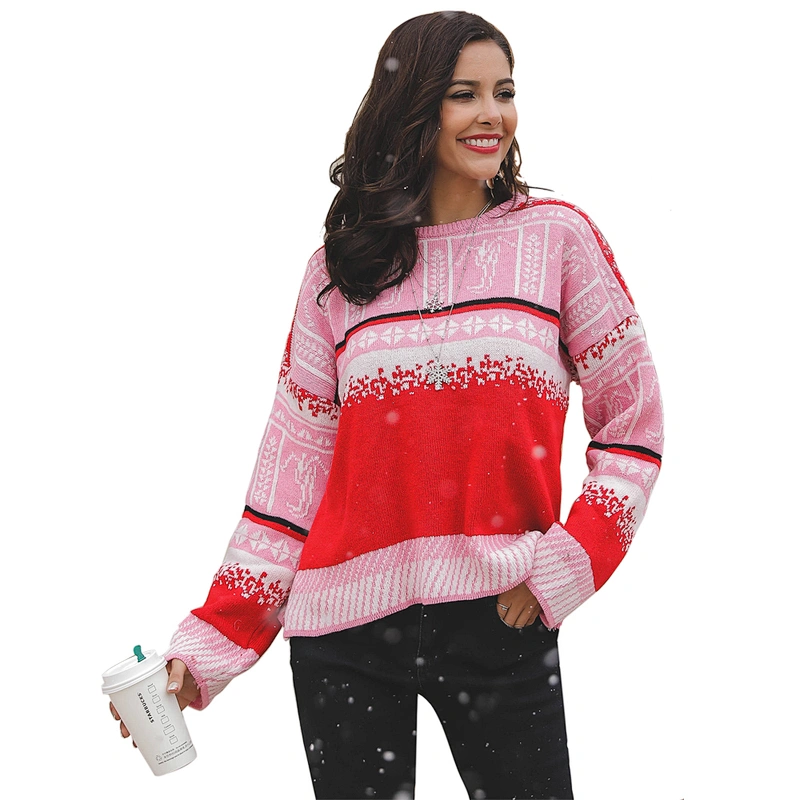 Factory Direct Women's Knitted Pullover Tops Loose knit Jumper Christmas snowflake Patchwork Sweaters