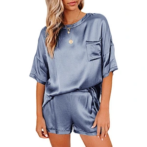 2021Amazon spring summer new pure color silk pyjamas home dress short sleeve shorts irregular two sets