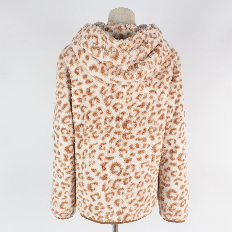 Unisex Fuzzy Wool Teddy Coat Full Zip Leopard Print Sherpa Fleece Hoodies