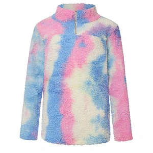 2020 Women's Tie Dye Zipper Sweatshirt Fluffy  Fleece Sherpa pullover Tops Outwear
