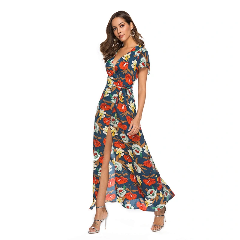 2021 Summer new Bohemian V-neck long print slit dress chiffon beach dress