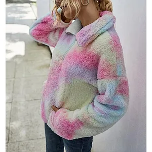 Womens Lambs Wool Front Pocket Teddy Sweatshirt Half Zip Tie Dye Sherpa Fleece Jacket Pullover