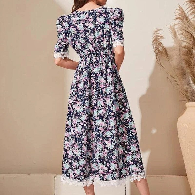 2021 New Arrival Lace Panel Puff Sleeve Floral A-line Dress Casual Dress  Street Style Lady Dress