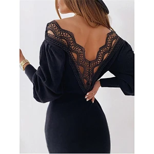 2021new Autumn dress sexy show back hollow-out lace V to get waist dress