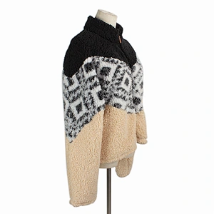 Fuzzy Geometric Pattern Teddy Coat Color Block Full Zip Sherpa Fleece Jacket Pullover