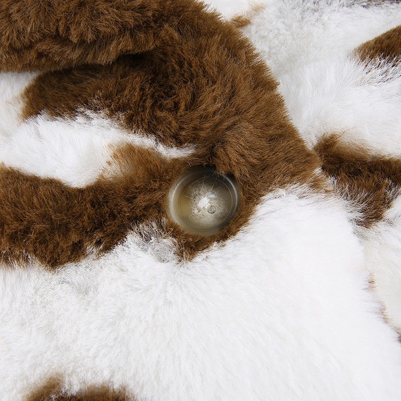Womens Cow Print Faux Fur Winter Suit Jacket Coat Button Two Side Pockets Sherpa Pullover