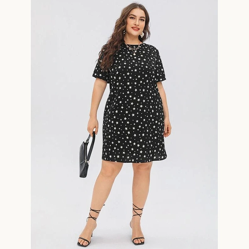 2021 New Plus Tied V-back Star Dress Printed Dress O Neck