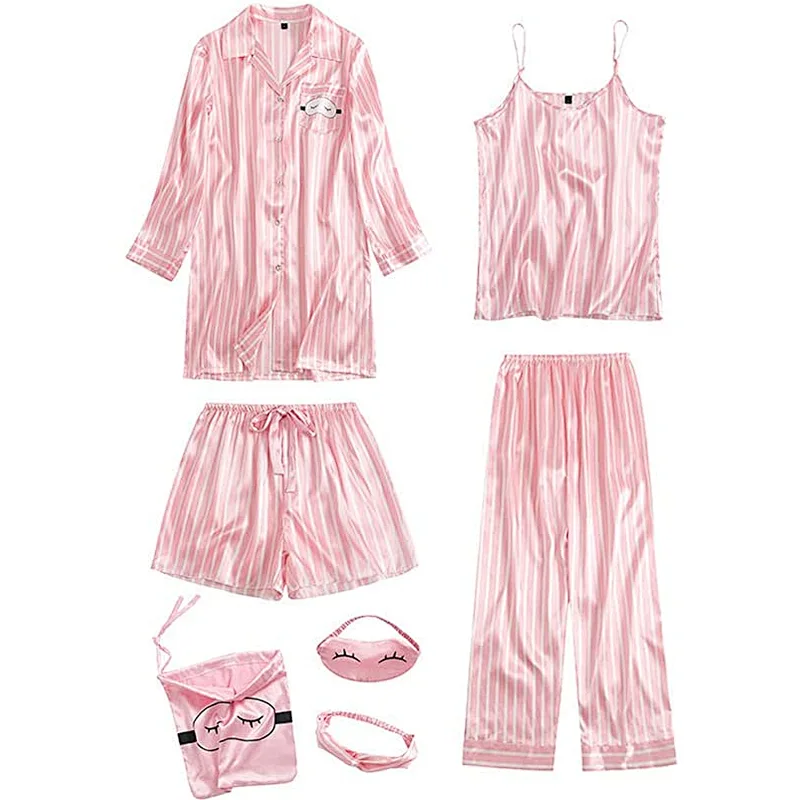 2021Amazon Womens Pajama Sets Comfy 7 Piece with Shirt  Silk Pajamas Satin Nightwear