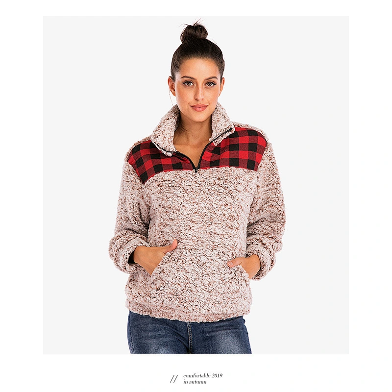Womens Plaid Patchwork Sweatshirt Sherpa Turtle Collar Zipper Fleece Pullover