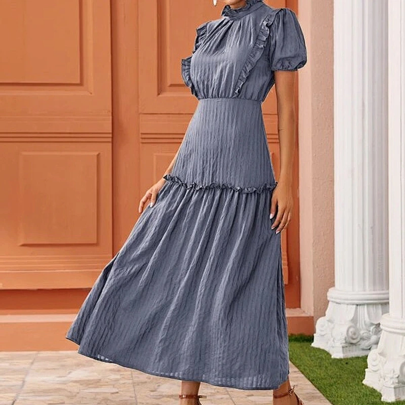 2021 New Arrival Puff Sleeve Stand Collar A-line Dress Laidies Dress Office Summer Dress