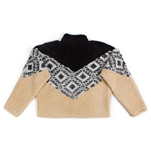 Fuzzy Geometric Pattern Teddy Coat Color Block Full Zip Sherpa Fleece Jacket Pullover