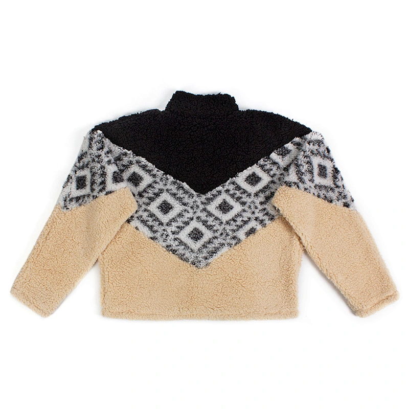 Fuzzy Geometric Pattern Teddy Coat Color Block Full Zip Sherpa Fleece Jacket Pullover