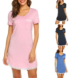 2021Amazon AliExpress Women's Pyjamas New Pocket Lace Cotton Skin-friendly Home Dress Middle Skirt