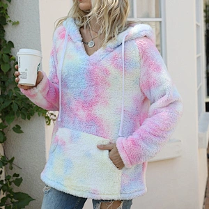 YIWU Factory Lambs Wool V Neck Sweatshirts Hoodies Tie Dye Sherpa Fleece Hoodie Pullover with Pocket