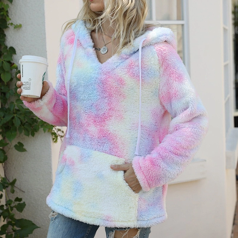 YIWU Factory Lambs Wool V Neck Sweatshirts Hoodies Tie Dye Sherpa Fleece Hoodie Pullover with Pocket