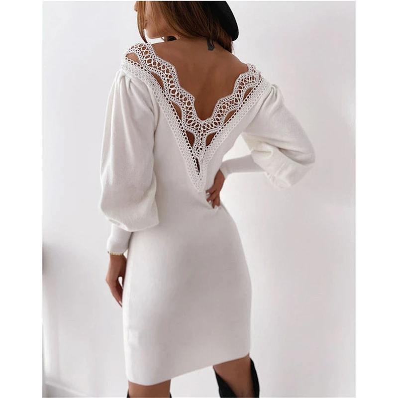 2021new Autumn dress sexy show back hollow-out lace V to get waist dress
