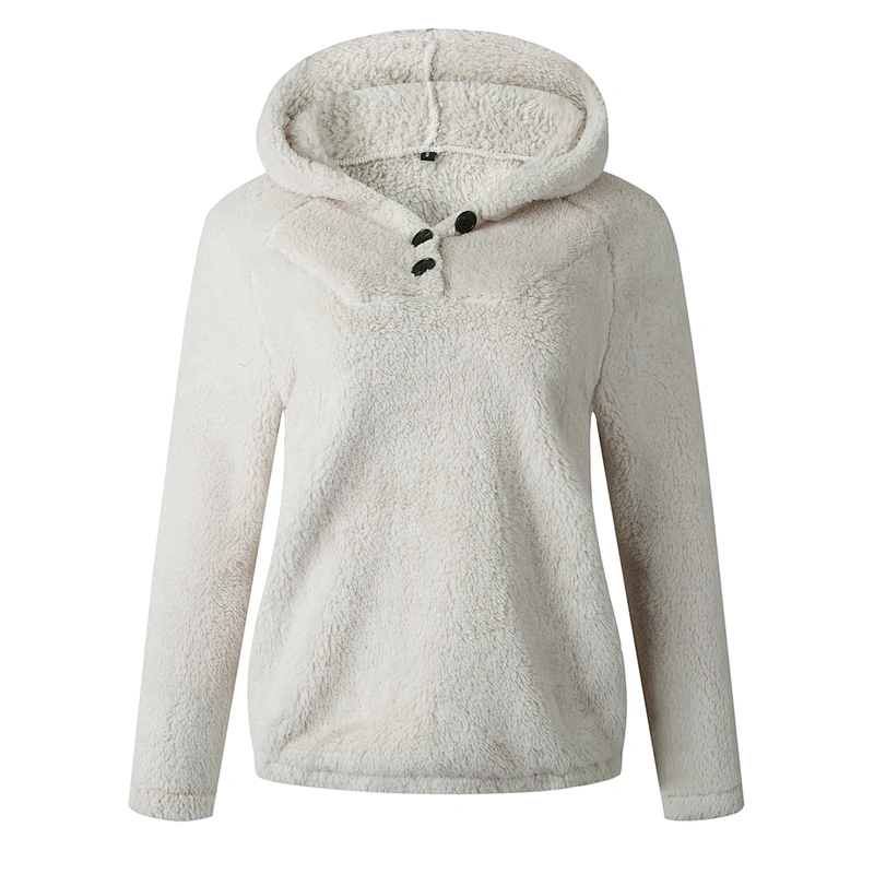YIWU Factory Womens Fleece Sweatershirt Solid color Button Sherpa Fleece Pullover Hoodie