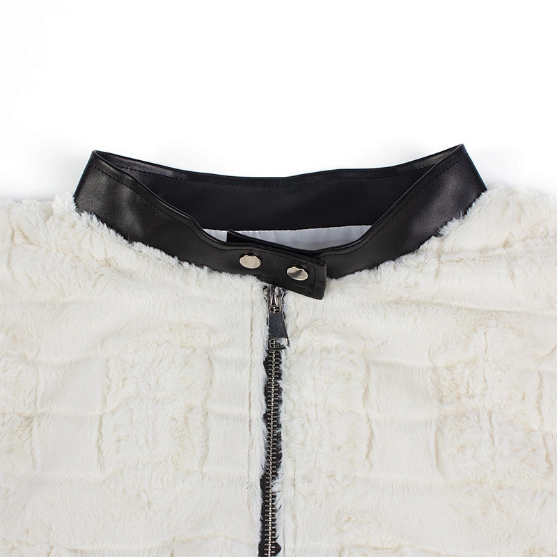 Womens Luxury Faux Fur Winter Jacket Coat Round Leather Collar Full Zip Up top with pocket Sherpa Fleece Jacket