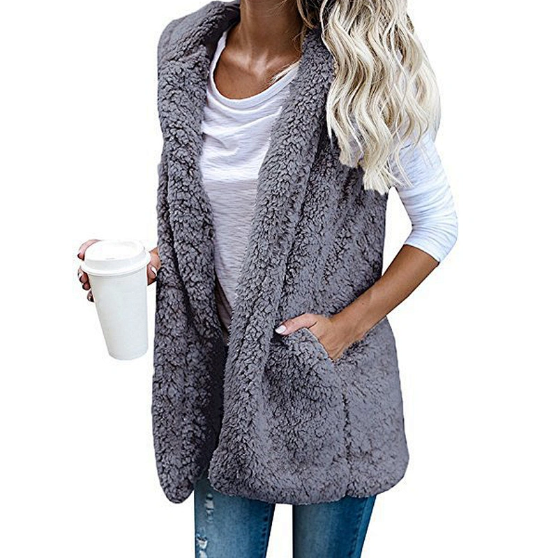 Winter Warm Vest Women Hoodie Casual Coat Faux Fur Sherpa Jacket