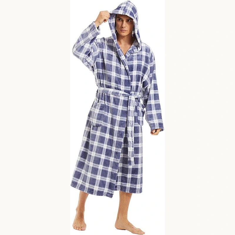 2021 new  Men Fleece Robe Warm Soft Plush Light weight Hooded Robes Shawl Collar Spa Bathrobe