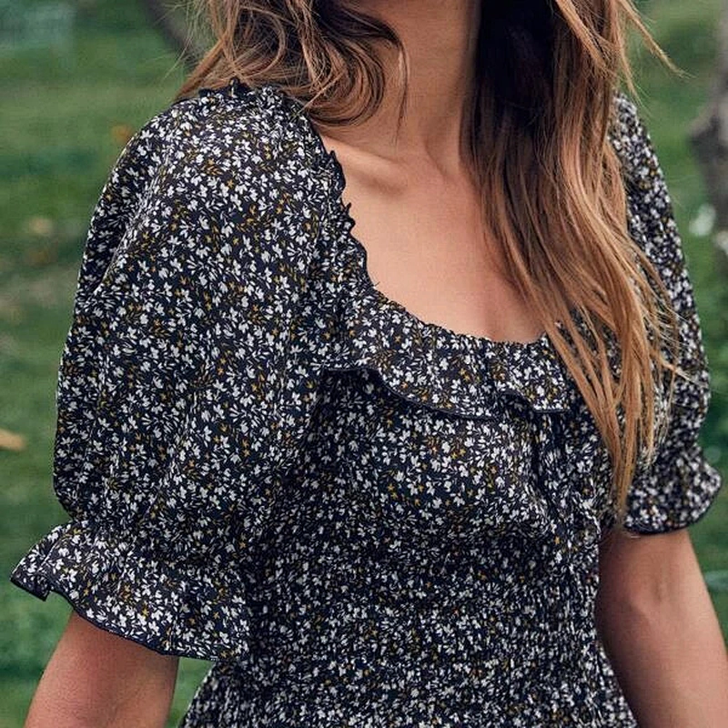 2021 New Arrival Tie Front Ruffle Trim Ditsy Floral Dress Office Dress Street Dress Casual Dress