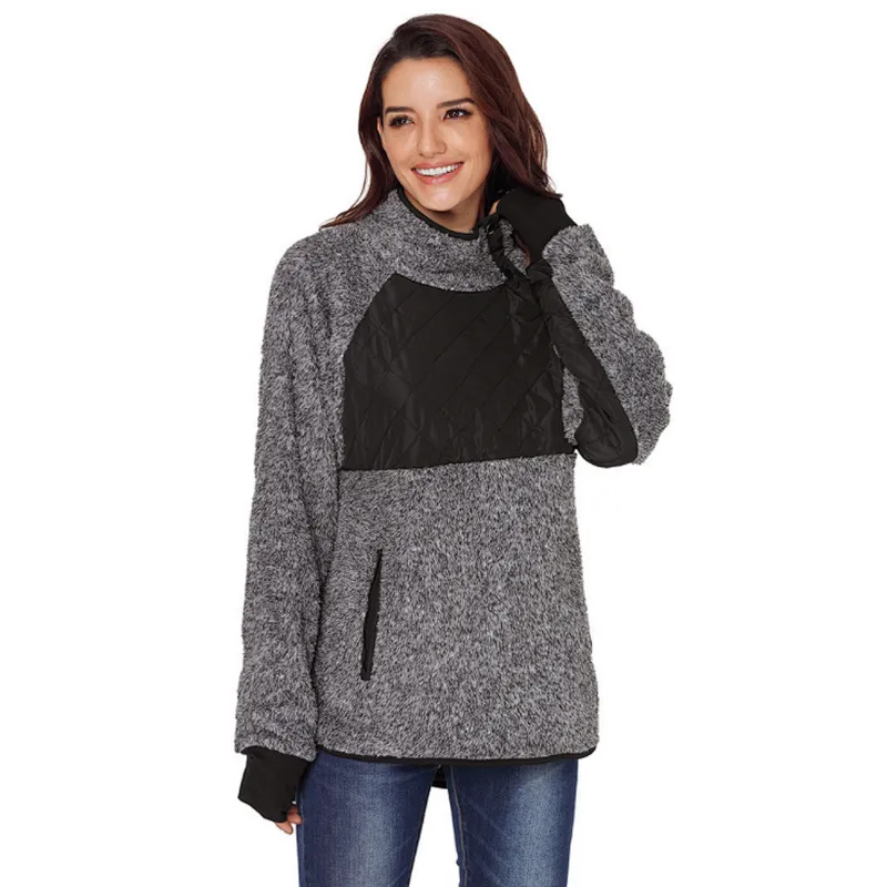 Women Fleece Pullover Sweatshirt Oblique Button Neck Long Sleeve Warm Casual Coat Outwear
