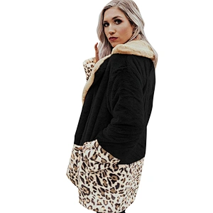 Womens Leopard Print Faux Fur Jacket Lapel Collar Sherpa Fleece Pullover with Pockets