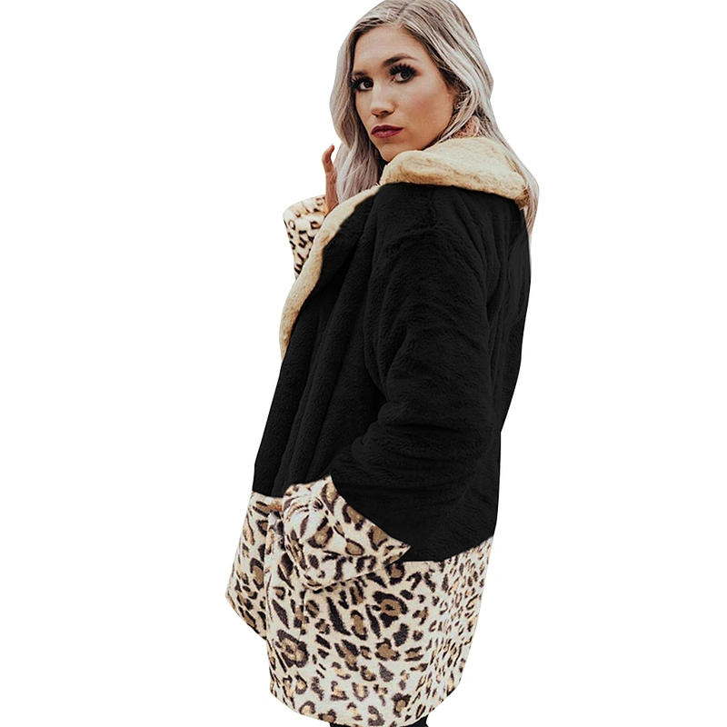 Womens Leopard Print Faux Fur Jacket Lapel Collar Sherpa Fleece Pullover with Pockets