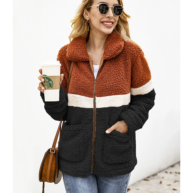 2021 Amazon Winter Warm Full Zipper Jacket Streetwear Patchwork Sherpa Fleece Jacket Pullover