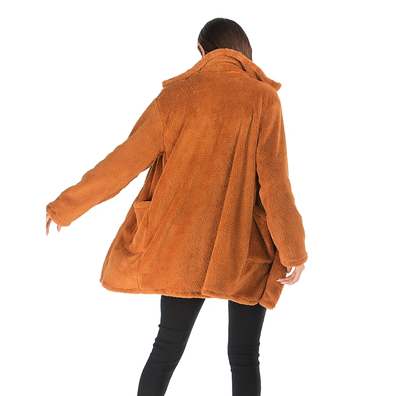Women's Fuzzy Fleece Open Front Mid Long Cardigan Coat Faux Fur Winter Warm Outwear Pullover with Pocket