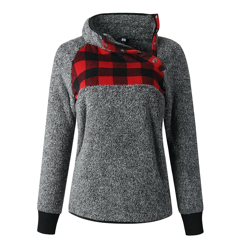 Womens Plaid Patchwork Sweatshirt Sherpa Skew Collar Oversize Fleece Pullover