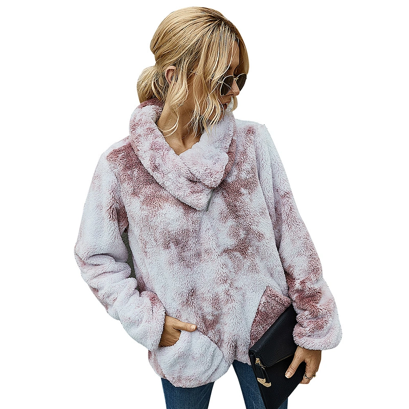 Women's Lapel Neck Sweatshirt Oblique Zip Up Outwear Fleece Skew Collar Sherpa Pullover with Pockets