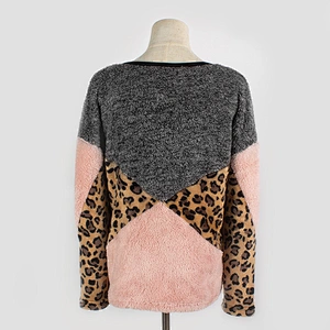 YIWU Factory Fuzzy Color Blocking Teddy Pullover Crew Neck Leopard Print Sherpa Fleece Sweatshirt