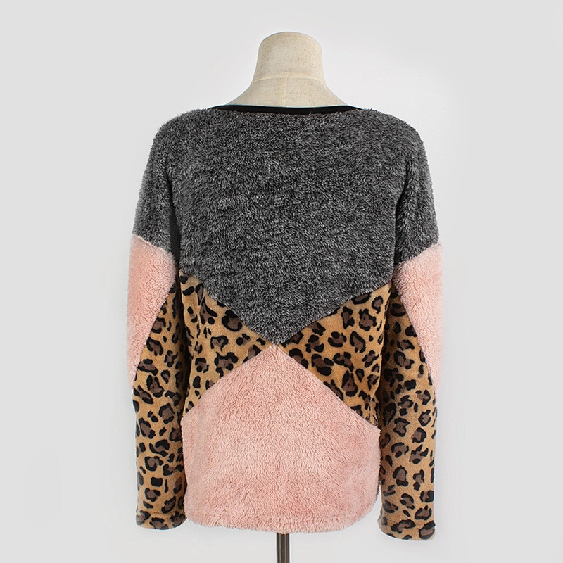 YIWU Factory Fuzzy Color Blocking Teddy Pullover Crew Neck Leopard Print Sherpa Fleece Sweatshirt