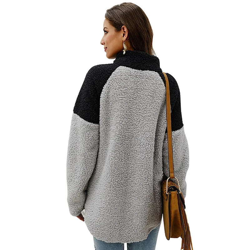 Women Casual Teddy Coat Oblique Button Sweatshirt Skew Collar Patchwork Sherpa Fleece Pullover