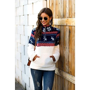 2021 Christmas Womens Patchwork Sweatshirt Turtleneck Quarter Zip Sherpa Fleece Outwear Pullover