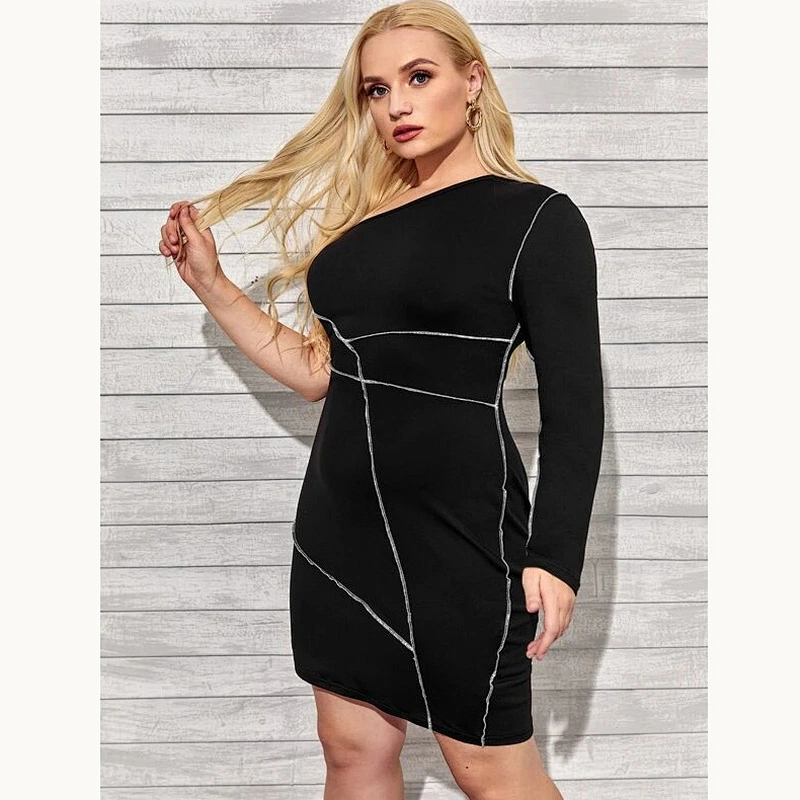 2021 New Plus One Shoulder Stitch Trim Dress