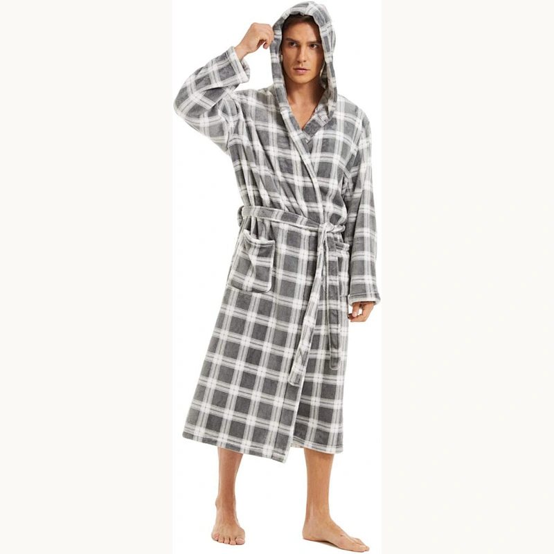 2021 new  Men Fleece Robe Warm Soft Plush Light weight Hooded Robes Shawl Collar Spa Bathrobe