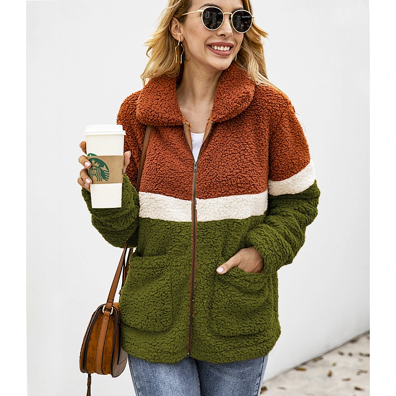 Women Winter Warm Zipper Jacket Pullover Patchwork Sherpa Fleece Pocket Pullover