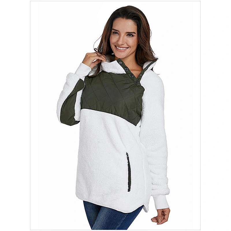 Women Fleece Pullover Sweatshirt Oblique Button Neck Long Sleeve Warm Casual Coat Outwear