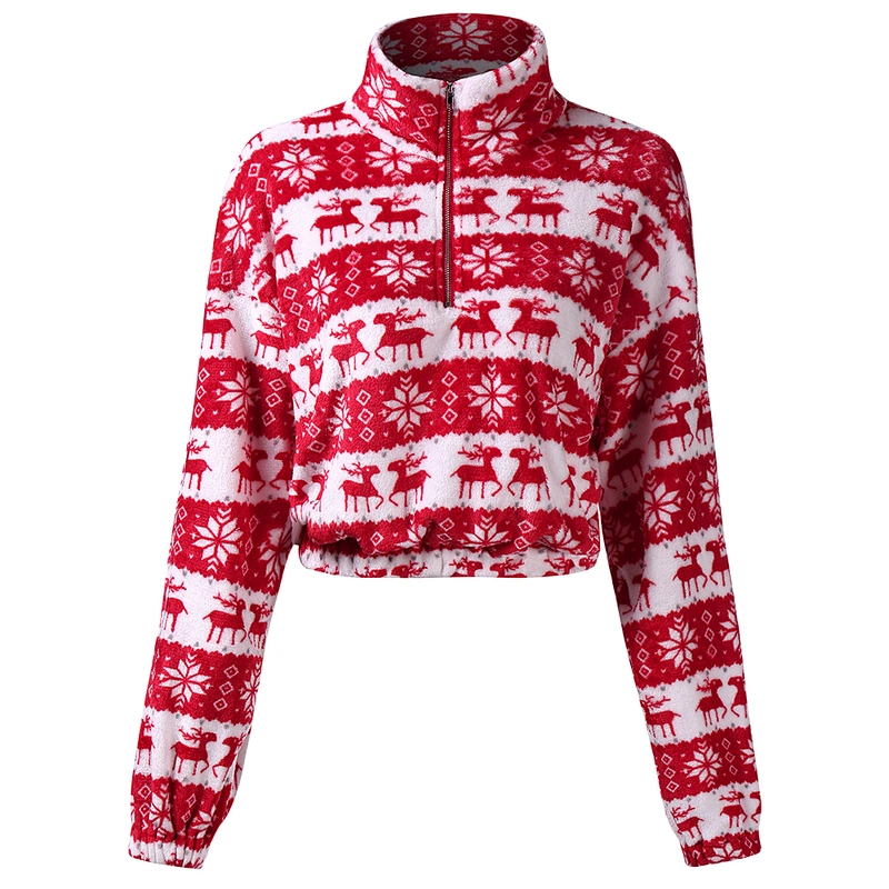 2021 Christmas Turn-down Collar Quarter Zip Sherpa Cropped Pullover