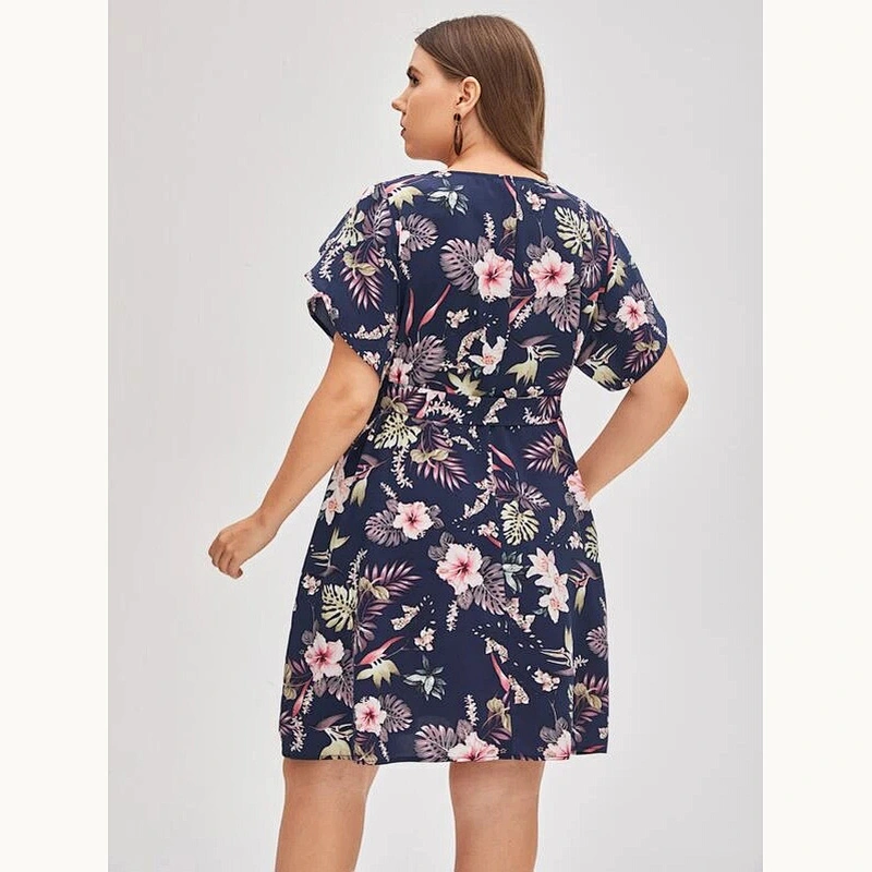 2021 New Plus Butterfly Sleeve Belted Tropical Print Dress