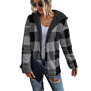 Womens Winter Autumn Patchwork Plaid Reversible Sherpa Fleece Hoodie Pullover