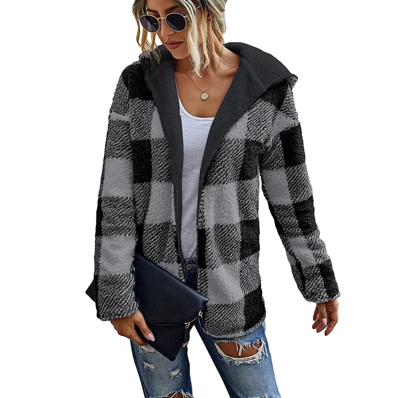 Womens Winter Autumn Patchwork Plaid Reversible Sherpa Fleece Hoodie Pullover