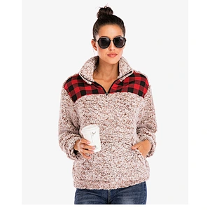 Womens Plaid Patchwork Sweatshirt Sherpa Turtle Collar Zipper Fleece Pullover