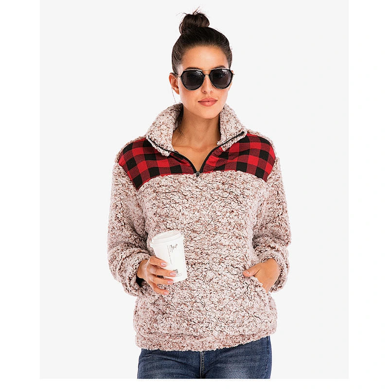 Womens Plaid Patchwork Sweatshirt Sherpa Turtle Collar Zipper Fleece Pullover