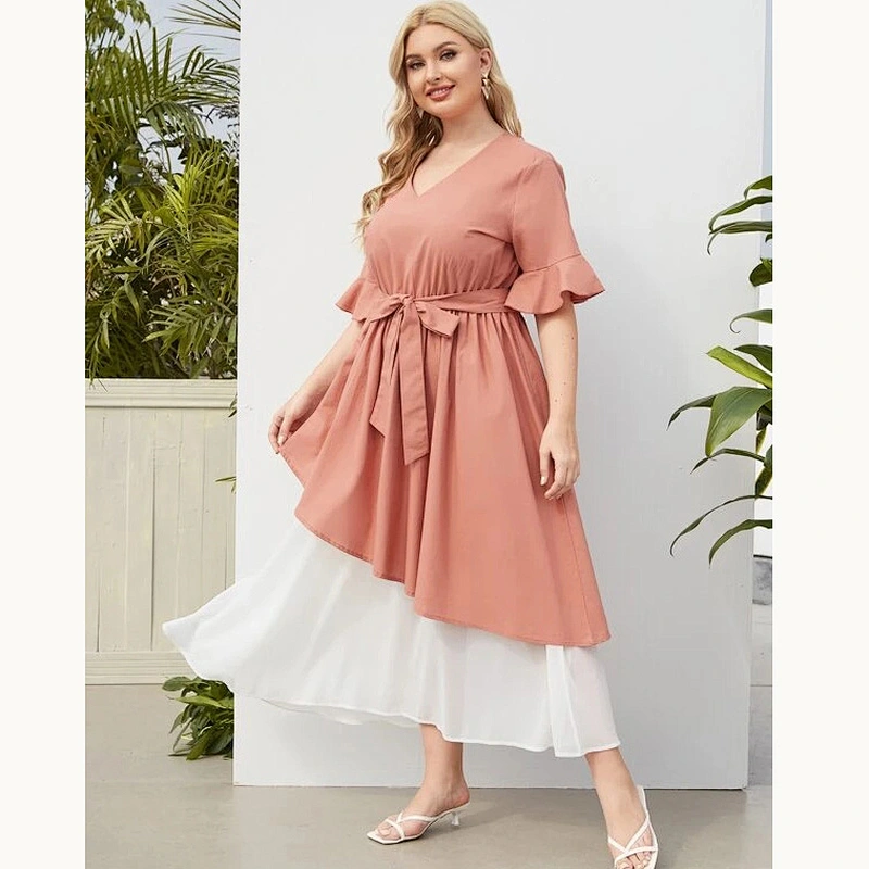 2021 New Plus Two Tone Belted A-line Dress