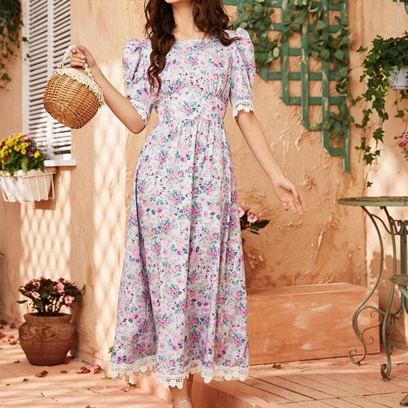 2021 New Arrival Lace Panel Puff Sleeve Floral A-line Dress Casual Dress  Street Style Lady Dress